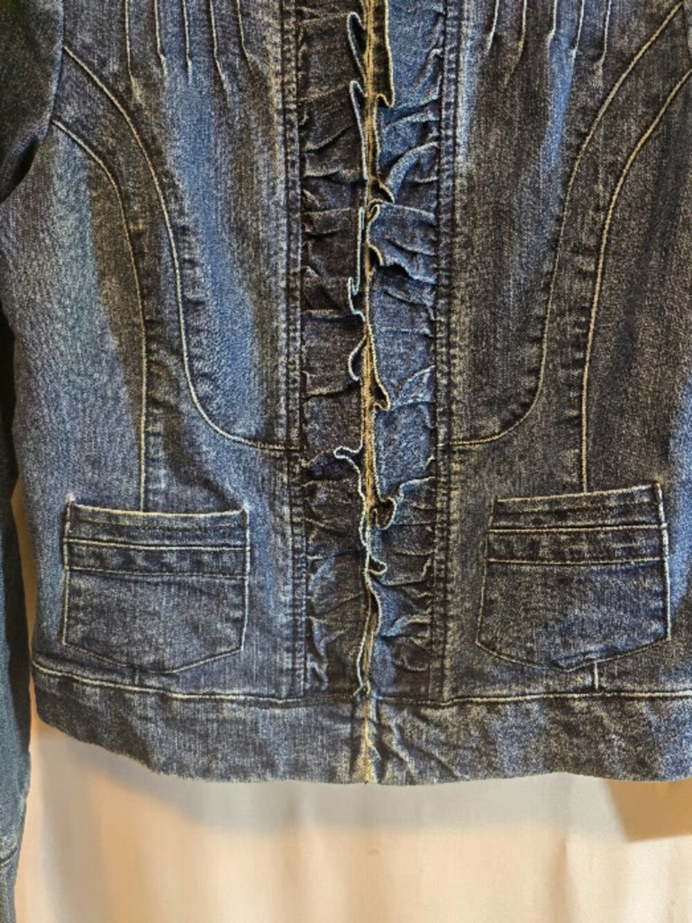 BLUE DENIM ZIP UP JACKET SIZE MEDIUM COTTON CHRISTIANA ZINN RUFFLES FLATTERING - Picture 5 of 8